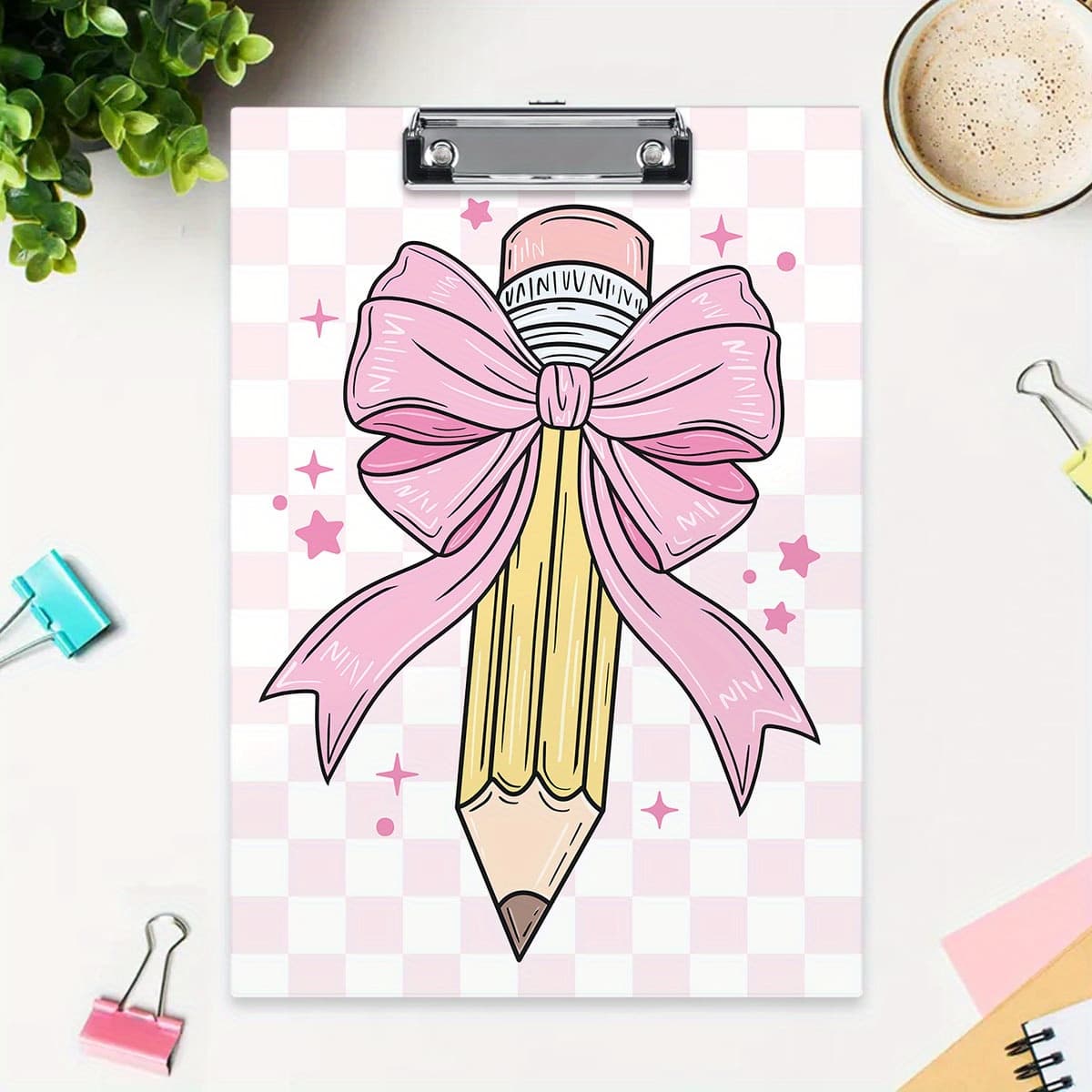 Acrylic clipboard, colorful folders, school supplies, office supplies, cute pink bow pencils, kawaii plaid pattern design, beautiful stationery for school and office, Teacher's Day gift, birthday gift, exam gift
