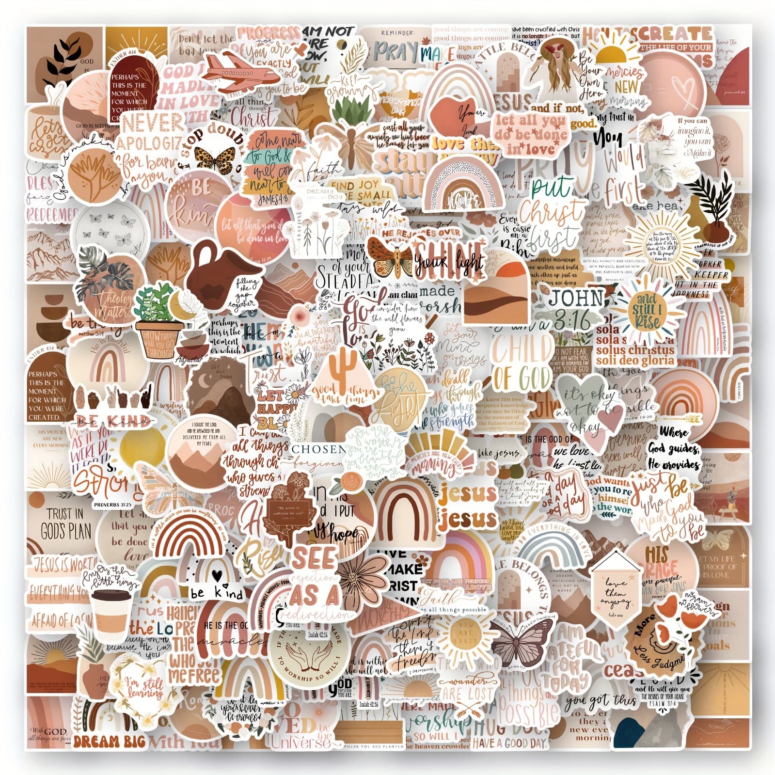 200pcs Boho Jesus Bible Verse Stickers High Quality Vinyl - Pastel & Neutral Tones (Beige, White, Brown, Golden, Black) with Crystal Clear Glitter Accents, Reusable Self-Adhesive Christian Scripture Stickers for Scrapbooking, Journaling, Laptop, Phone, Water Bottles, DIY Crafts - Irregular Shapes & Bible Verse Designs (John 3:16, Romans 6:23, Psalm 23:1)