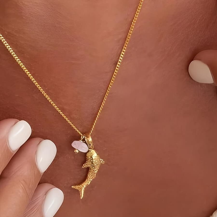 Stainless Steel Shark Natural Stone Necklace - Black & Golden Oceanic Charm, Summer Casual Jewelry for Women, Unique Gift for Shark Lovers, Shark Jewelry