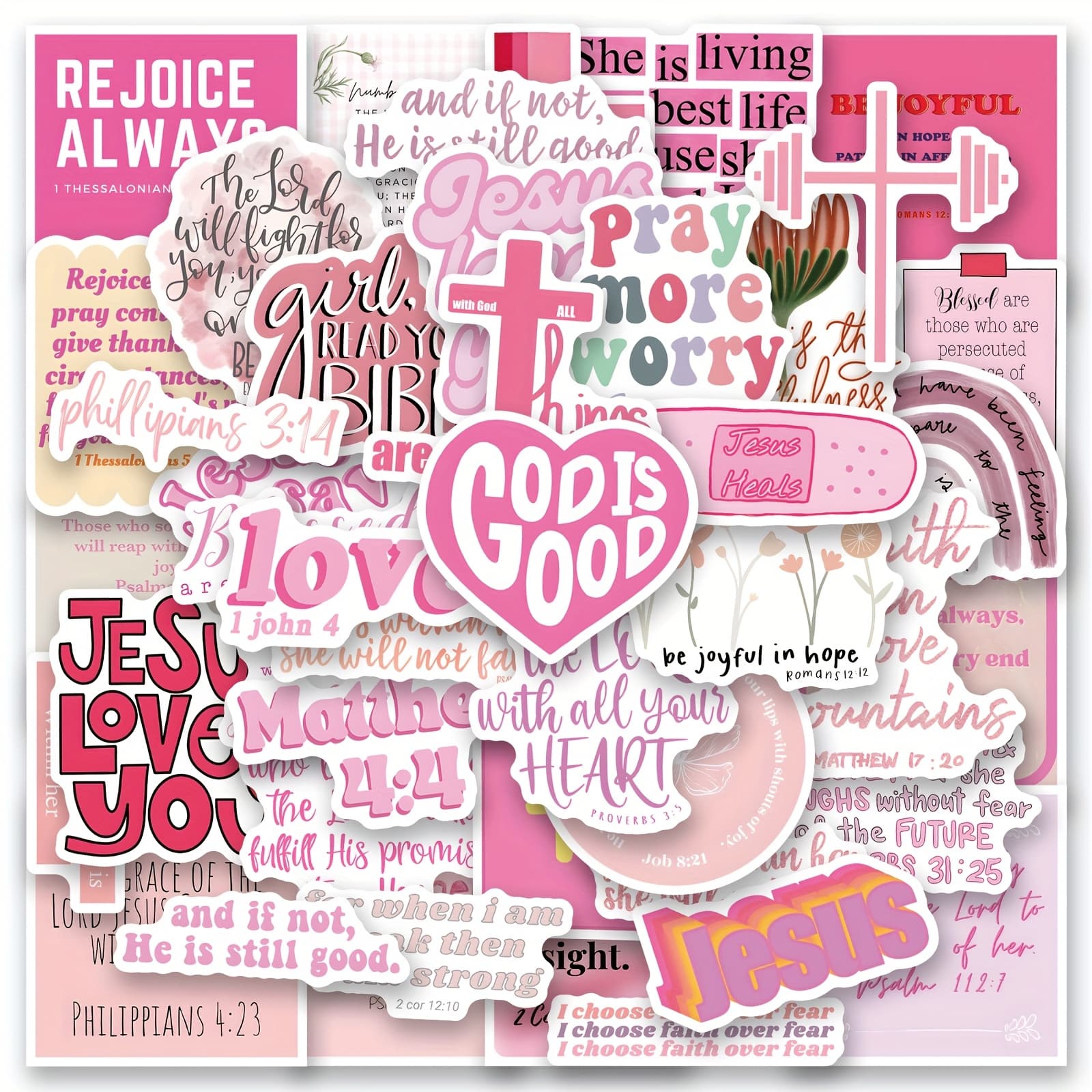 51pcs Pink Bible Verse Jesus Stickers - Christian Bible Study Decorations with Philippians 4:13, Isaiah 41:10, Romans 8:31 - Pastel Pink & Pastel Colors (Pink, Beige, Peach, Purple) - Self-Adhesive Vinyl Bible Quotes for Scrapbooking, Journaling, Laptop, Water Bottle, Phone, Glass - Reusable & Removable - Faith-Based Girls Room, Church Events, Prayer Decorations - Easy Application