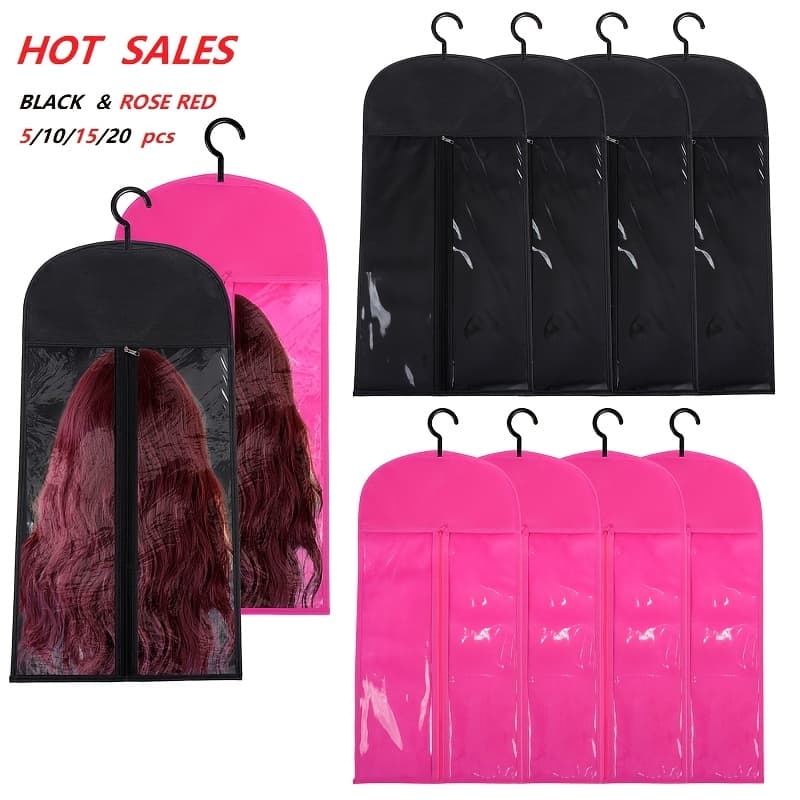 Best Seller/Black and Rose Red/5pcs/10pcs/15pcs/20pcs/Wig Storage Bag with Hooks//Lightweight/Breathable/Portable/Home Use/Salon/Dustproof/Gift for Women/Travel Scenarios