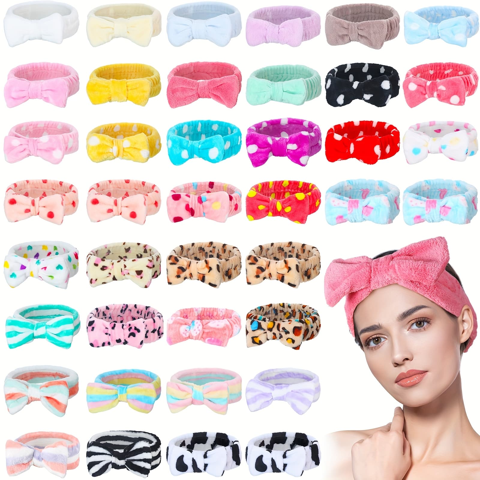 40 Pack Bow Spa Headband Coral Fleece Makeup Headband Soft Face Wash Headband Cosmetic Light Beige Care Headbands Facial Head Wraps Cute Bow Head Bands for Women Girls Shower Supplies (Various Style)