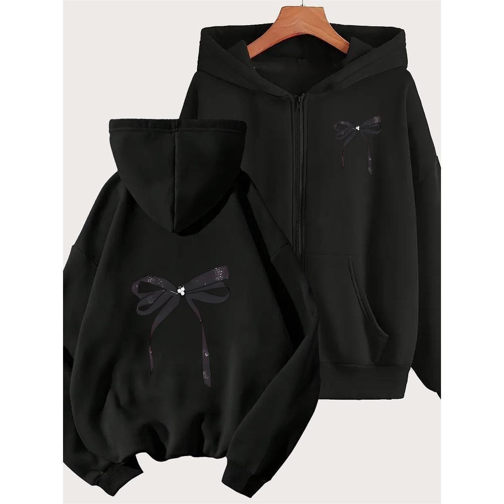 Women'S Light Gray Hooded Zip-Up Jacket with Black Bow Print - Cozy & Stylish Casual Sportswear, Long Sleeve, Drawstring Hood, All-Season Comfort, S-XL Sizes Available, Hooded Jacket, Comfortable Clothing, Minimalist Design, Soft Texture