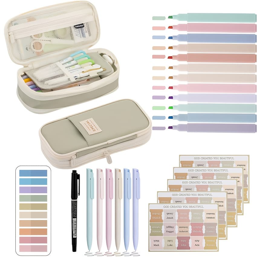 35pcs Aesthetic Stationery Set, Large Pencil Case, 1 Black Ink Marker, 12 Colored Highlighters, 6 Colored Gel Pens, 5 Bible Index Stickers, 200 Index Stickers - Ideal Back to School Gift Set