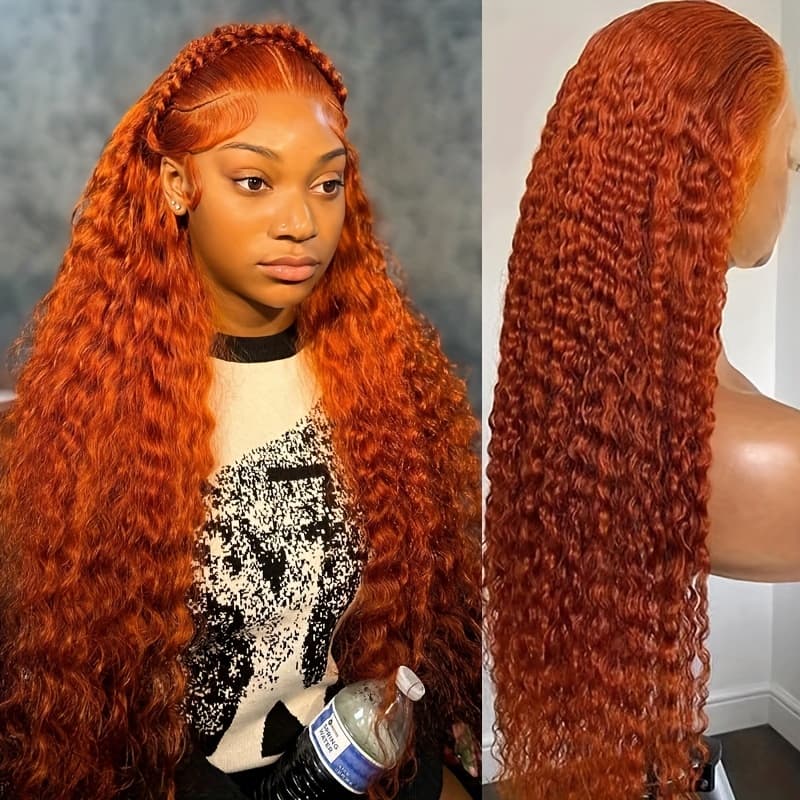 13x4 Deep Wave Orange Ginger Lace Front Wig Orange Glueless Lace Frontal Wig Ginger Orange Curly Lace Frontal Wig Curly Orange Colorful Wig for Women for Christmas Halloween 26 Inch
