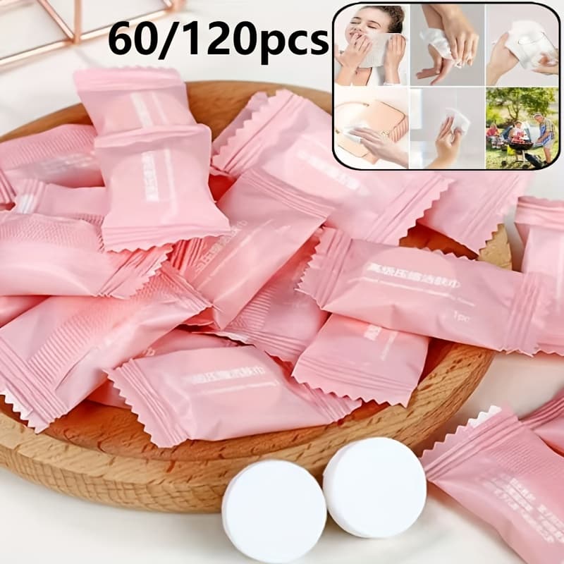 60/120pcs Compressed Face Wipes - Luxuriously Soft & Alcohol-Free, Quick-Dissolving Unscented Non-Woven Cloths, Individually Wrapped Individually Wrapped for Hygiene, Low-Allergenic Makeup Remover for Sensitive Light Beige, Travel-Friendly & 100% Disposable, Gentle for All Light Beige Types (, Eczema, Rosacea), Hygiene On The Go, Compact Design, Skinfriendly Fabric, Disposable Cloths, Travelfriendly Skincare