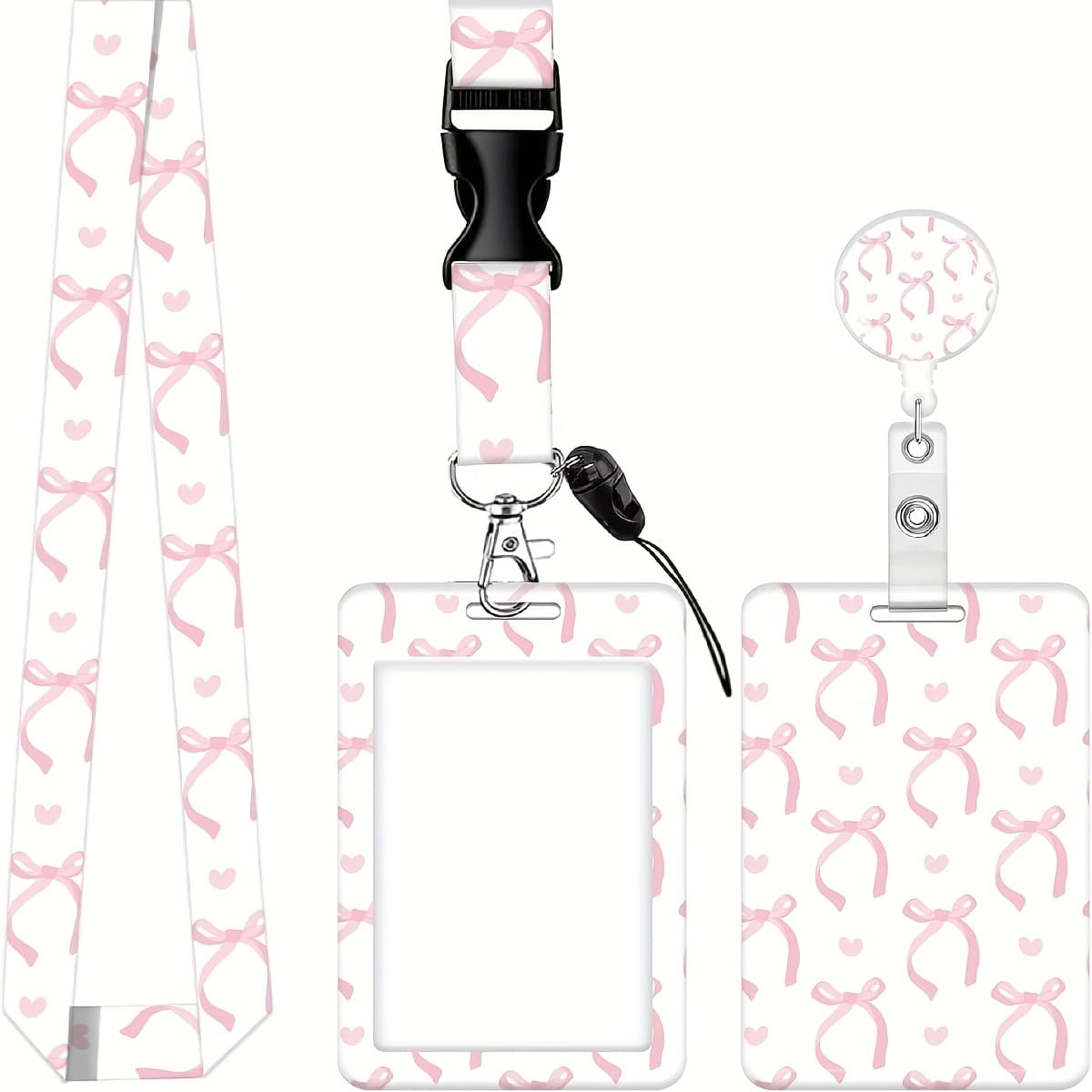 [Cute ID Holder] Cute Retractable ID Badge Holder with Detachable Lanyard | Pink Bow & Heart Design, Clipon Buckle, Badge Accessories - Perfect Office Gift, Professional Accessory for Women, Teachers, Nurses