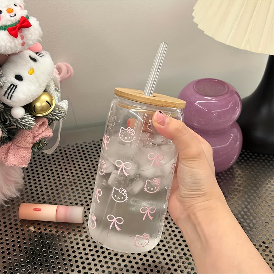 1pc Sanrio Hello Kitty 16oz Pink Bow Design Tumbler with Straw - Y2K Aesthetic Reusable Durable PC Plastic Travel Mug for Cold Drinks, Ice Coffee, Juice, Party Decor, Wedding Gifts, Birthdays, Valentine's Day & Summer Hydration, Portable Drinkware | Playful Aesthetic | Clear Drinkware