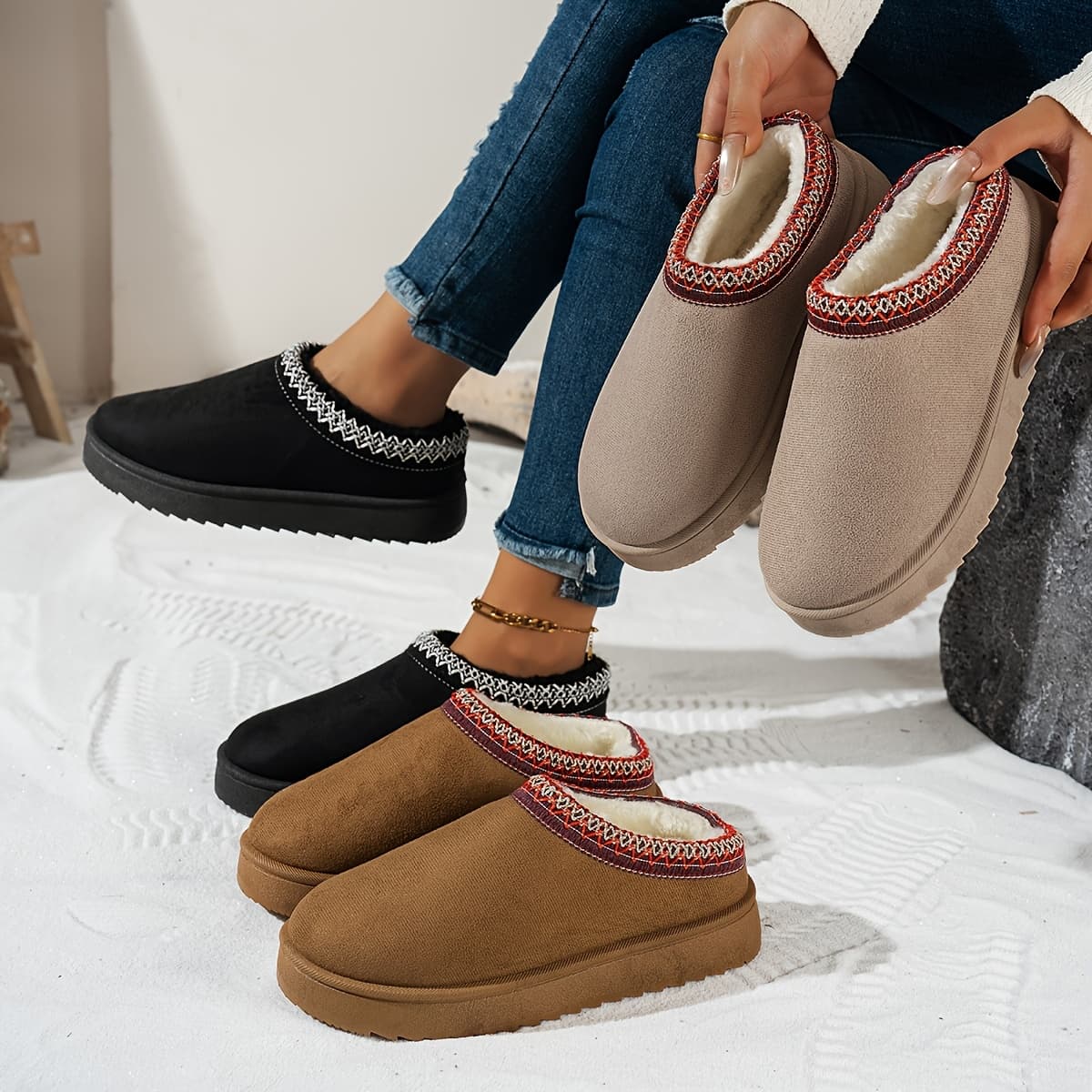 [Cozy Slippers] CINESSD Women's Thick Cushioned Slip-On Winter Slippers | Ethnic Braided Jute Sole, Indoor House Shoes for Home Comfort, Cozy Casual Design, Durable Pu Cover Sole (Black & Brown)