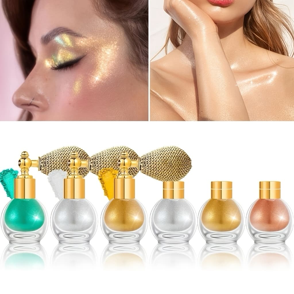 2pcs Glitter Body Highlighter Powder Spray Set Comes with a Refill Bottle, High Gloss Holographic Glitter Pearlescent Multicolor Face Makeup,Shimmer Powder for St Patrick's Day Christmas Music Festival Stage Bridal Party Festival Rave Accessories