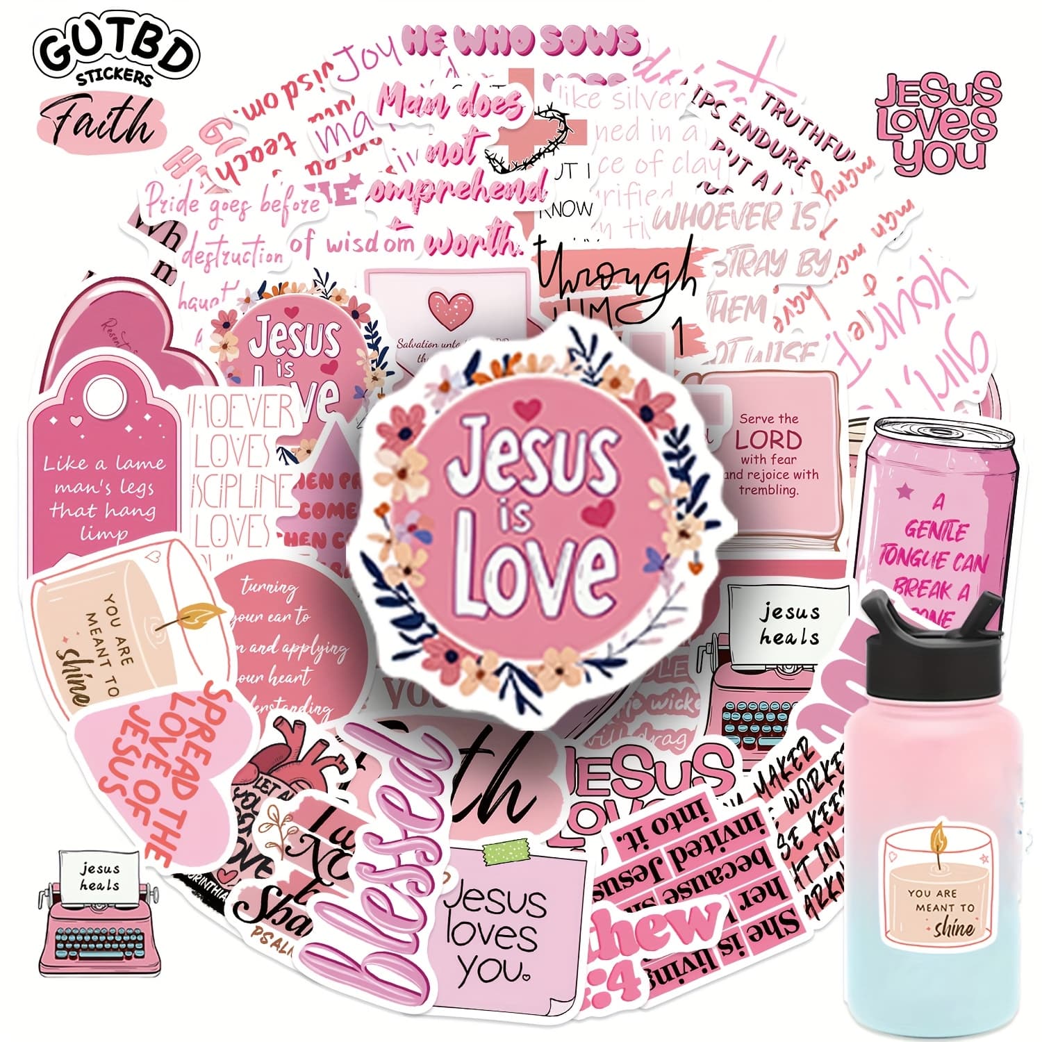 50pcs Pink Bible Jesus Stickers Pack, Motivational Stickers for Water Bottle Vinyl Quote Stickers, Affirmation Positive Stickers for Journaling Computer Laptop Book Phone Case Decals