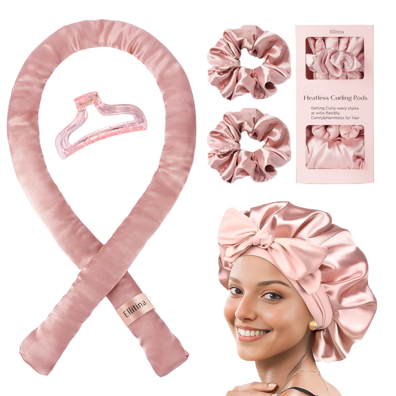 Ellitina 5pcs No-Heat Hair Curler Set with Heart & Solid Color Designs - Satin Sleep Bonnet & Headband for Overnight Curls | Adjustable DIY Safe Curling Rods, Perfect Mother'S Day gifts (Hypoallergenic/Long Hair Friendly/Multistyle Options