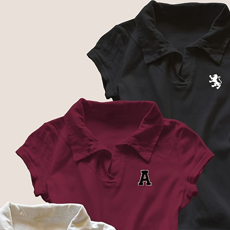 3pcs Women'S Y2K Retro Polo Collar T-Shirts - Slim Fit V-Neck Short Sleeve Tops with A Letter Logo, Black & White Contrast, All-Season Casual & Formal Wear, Vintage Style Tee, Comfortable Fit Shirt, Everyday Outfit, Classic Design, Breathable Material, Stylish Blouse, Fashion Lovers