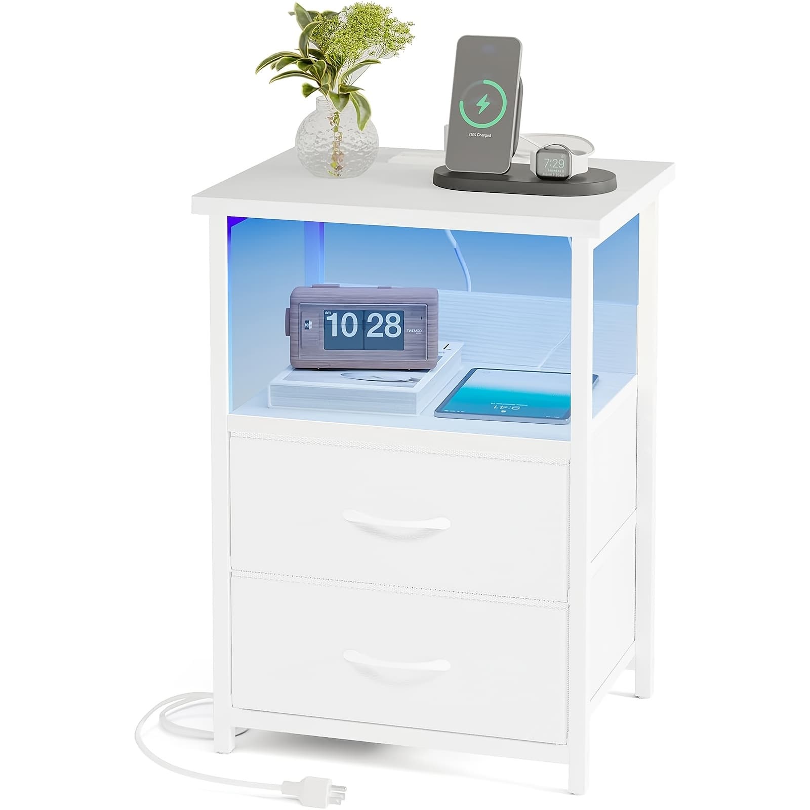 SUPERLELE 1pc Nightstand with Charging Station, LED Night Stand with USB Ports And Outlets, 1/2 Fabric Storage Drawers with PU Finish, Bedside Table, Black Or White, Heavy Duty Night Stand for School And Dormitory Storage, for Halloween And Christmas