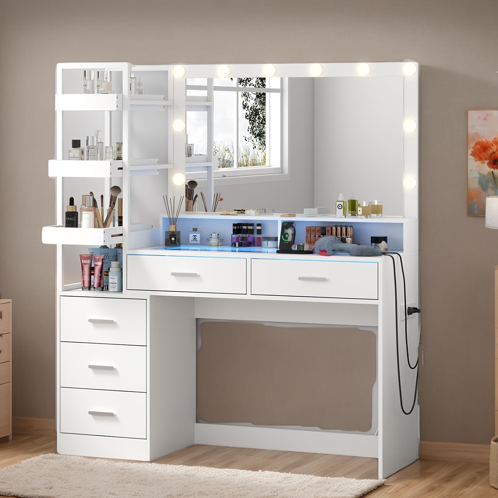 Modern White Vanity Desk with Mirror And Lights, Makeup Vanity Table with Glass Top, Power Outlets And RGB Lights, Women & Girls Dressing Table with Lighted Mirror, 8 Drawer