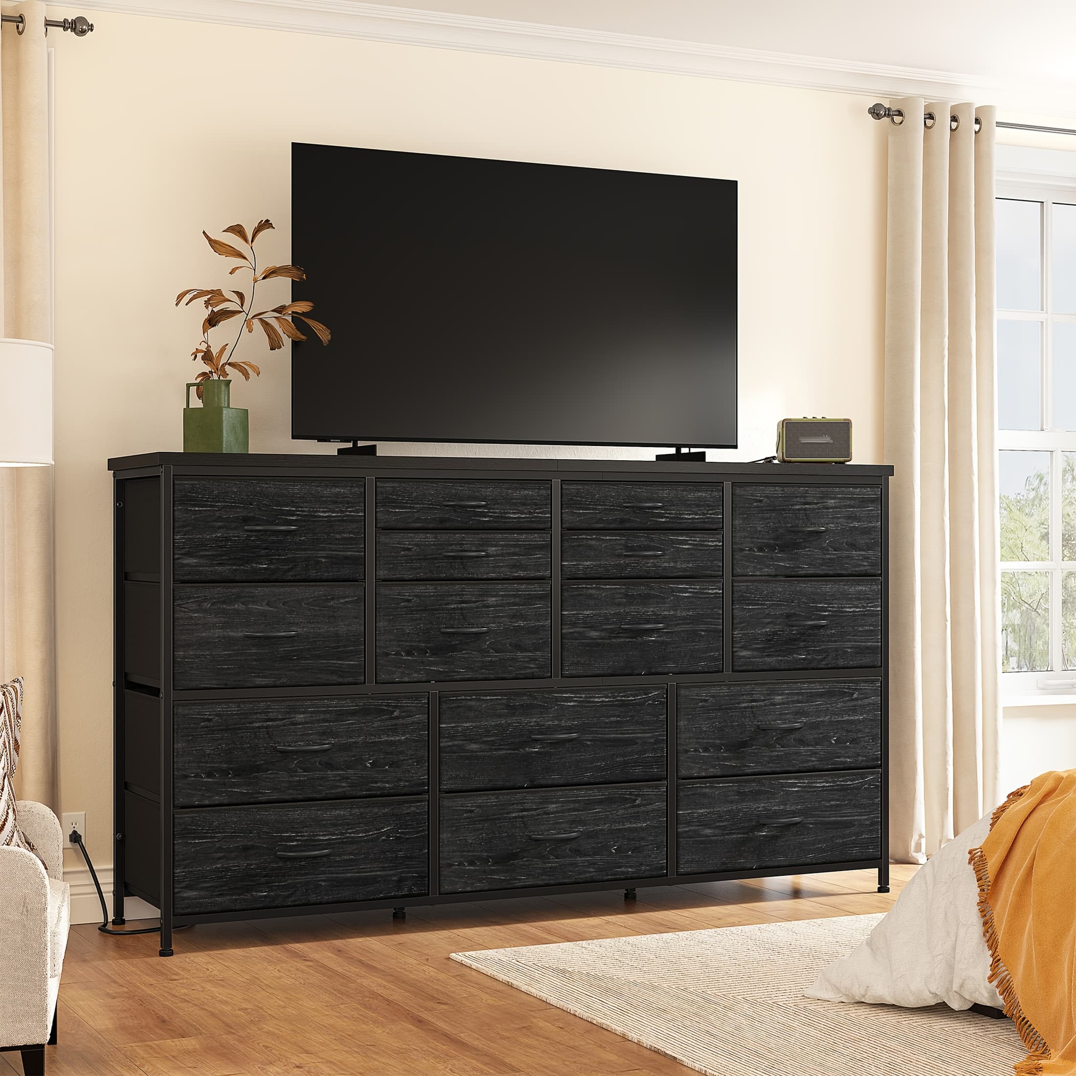 Dresser TV Stand with Charging Station for 60" TV Stand for Bedroom with 16 Drawers Long Dresser for Bedroom TV Stand with Storage Fabric Dresser for Living Room, 51.1''W*11.8''D*34.8''H