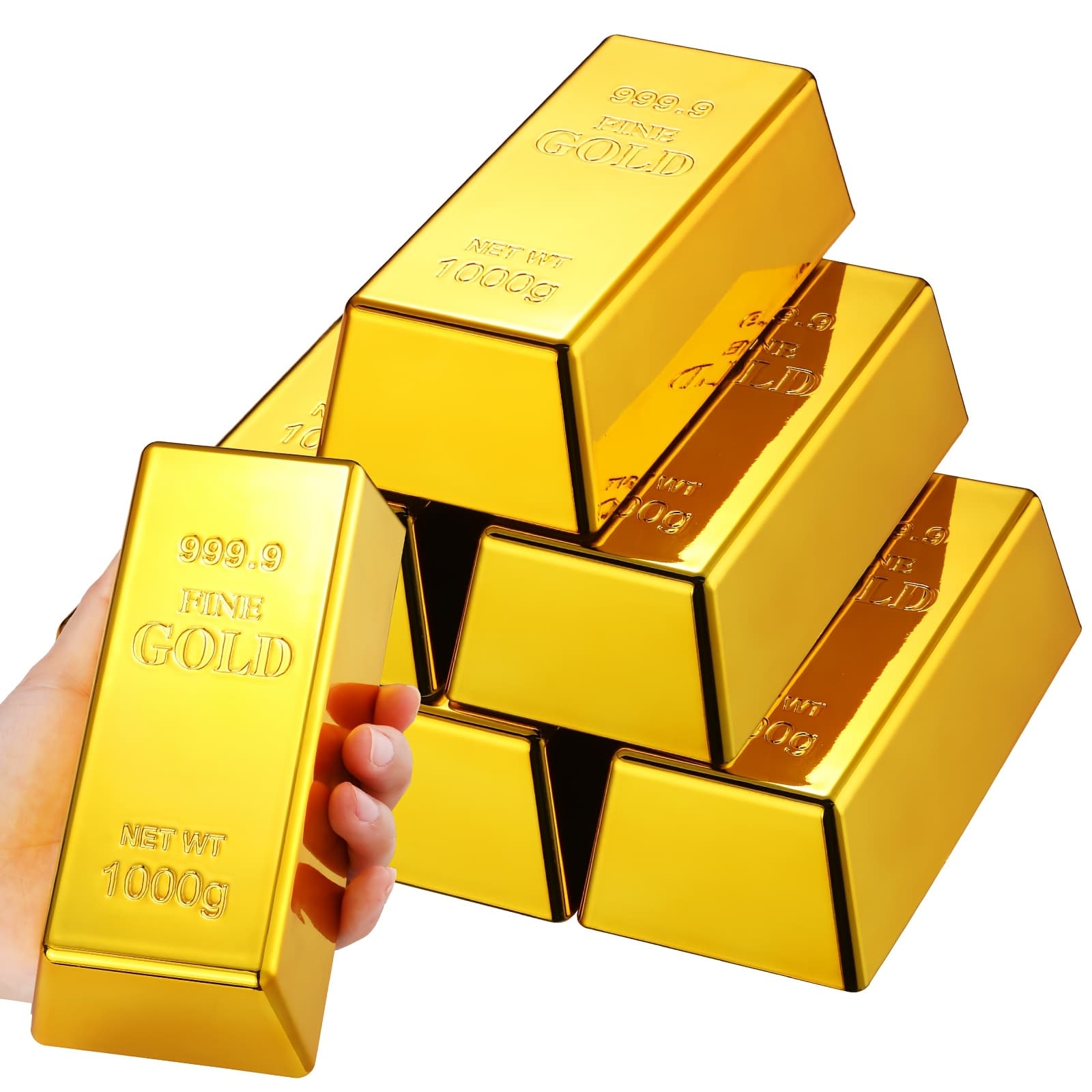 6pcs Fake Golden Bar Replica Brick Bullion Glittering Movie Prop For Stage Decoration Halloween Pirate Costume Party Supplies Novelty Gifts Paper Weight Door Stop (Golden, 6.5 Inch)