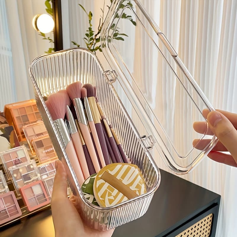 Under 3.2 Cubic Feet 27 Inches Tall 1PC Clear Plastic Makeup Organizer Case with Lid, Dust-Proof, Lightweight, Weatherproof, Holds <30 Lbs Countertop Cosmetic Storage Box for Brushes, Beauty Sponges, Puff