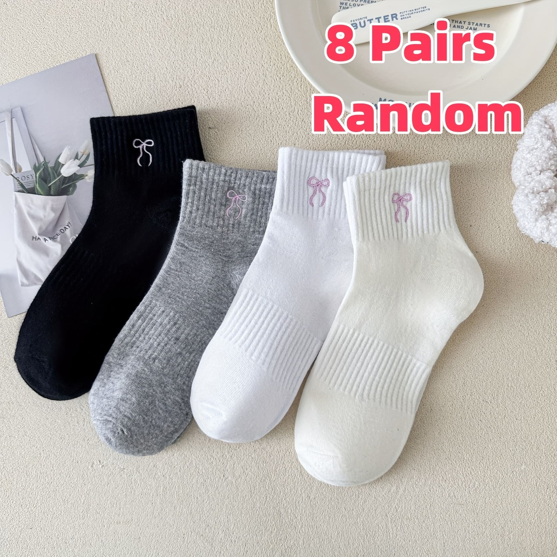 8 Pairs of Seasonal Embroidered Bow Socks - Soft, Comfortable, and Stylish for Women