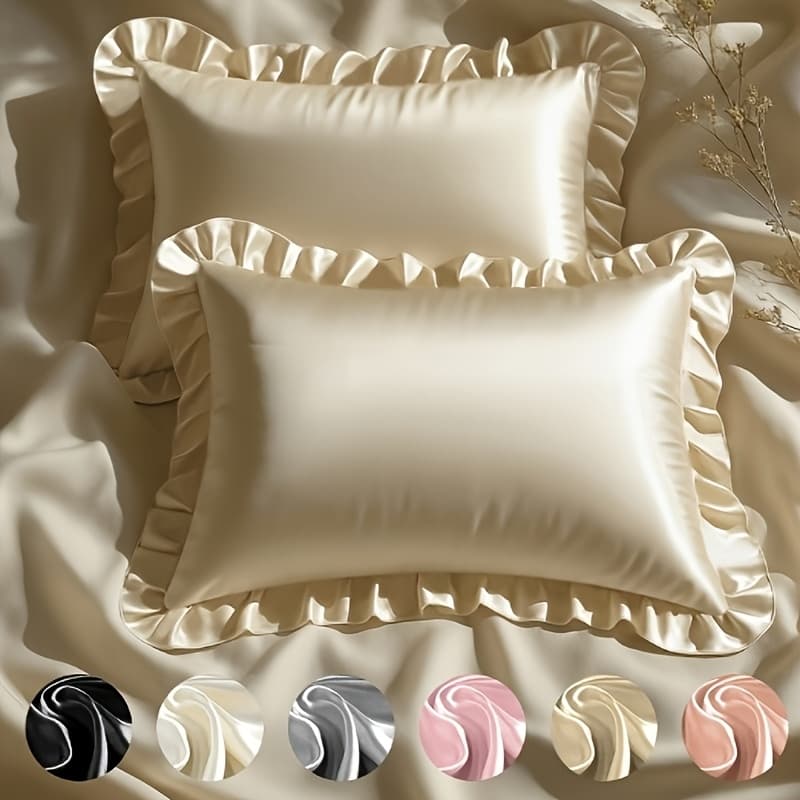 2pcs French Style Ruffled Satin Pillowcases - Soft Breathable Smooth Envelope Closure, 100% Polyester, Hand Wash Only, White, Decorative Cushion Covers for Bedroom, Sofa & Home Decor, Decorative Pillows, Bedroom Accessories, Elegant Bedding, Satin Finish, Soft Fabric, Durable Material, Interior Designers