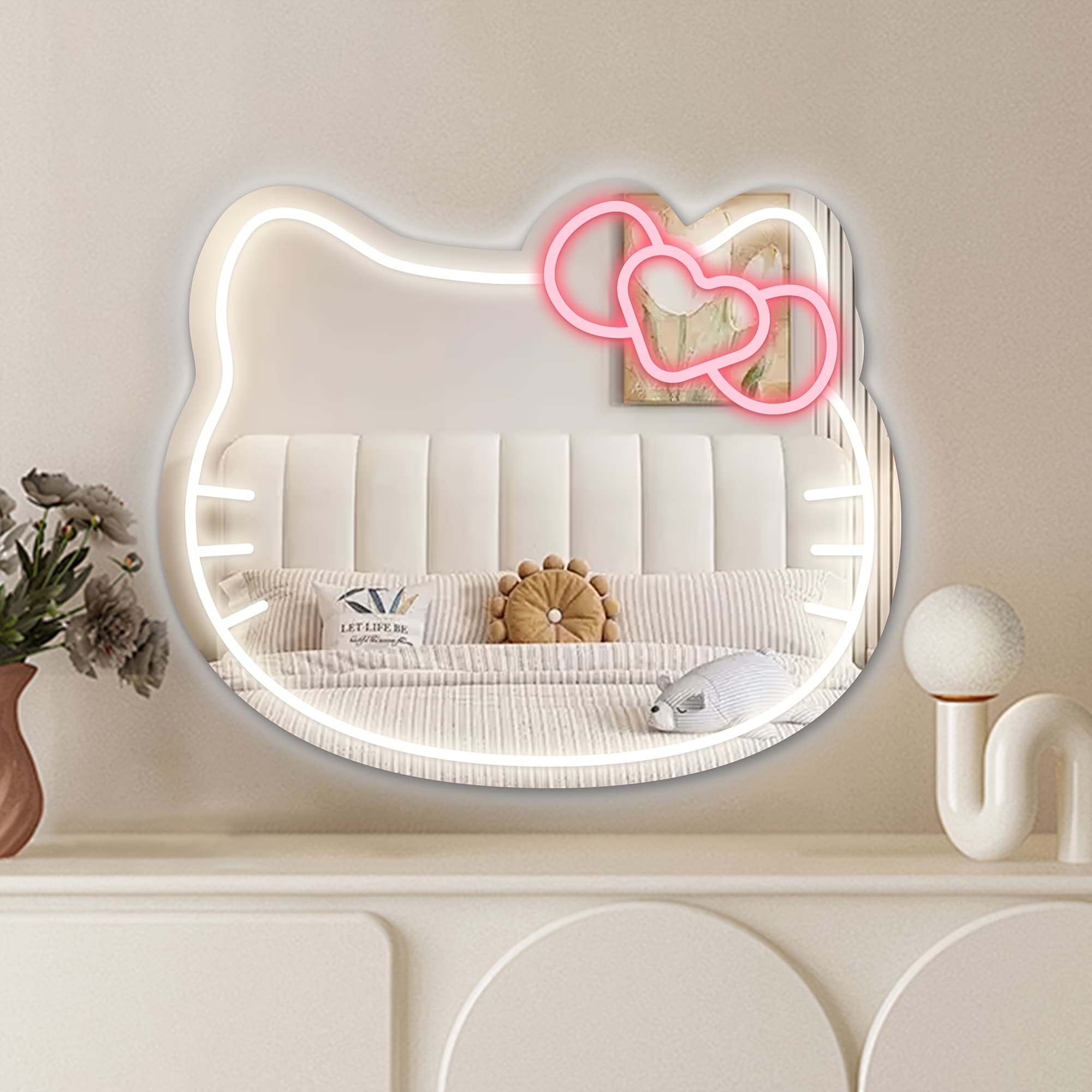 For Hello Kitty Dream Neon Cute Girl Heart Room Decorative Mirror, 10 Levels Dimmable Decorative Facial Mirror/Makeup Mirror, Wall/Desktop Decorative Sign for Home, Dresser, Living Room, Bedroom, Gathering, Party, Gift for Friends/Family 5V2A USB Powered