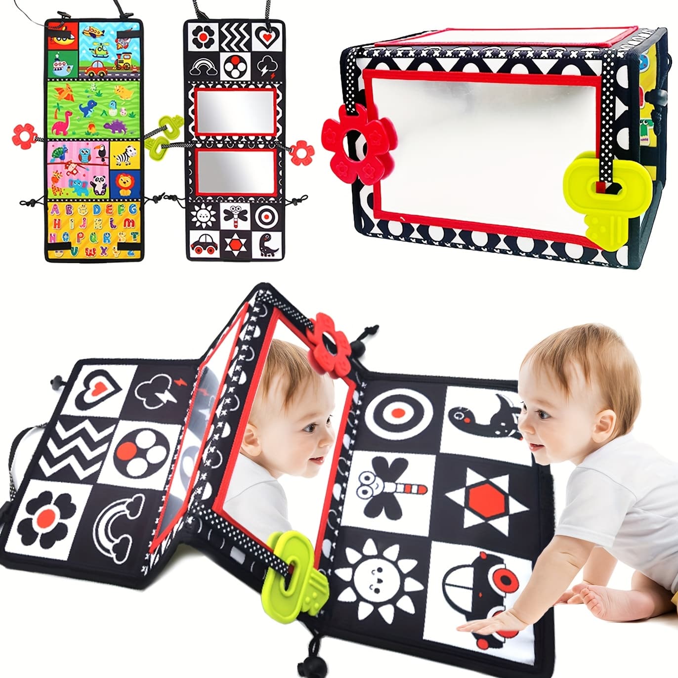 Baby Tummy Time Mirror - Early Learning Sensory Stimulation, Safe Materials, Car Seat Back Hanging Toy, Foldable Infant Black and White Cognitive Mirror - Gift