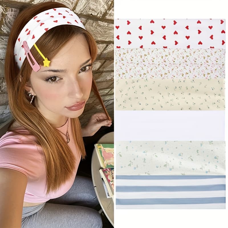 6pcs Women's Non-Slip Elastic Floral Hairbands, Soft Spandex Fabric Stripe Headbands for Short Hair, Valentine's Day Heart Headbands, Perfect Gift for Women