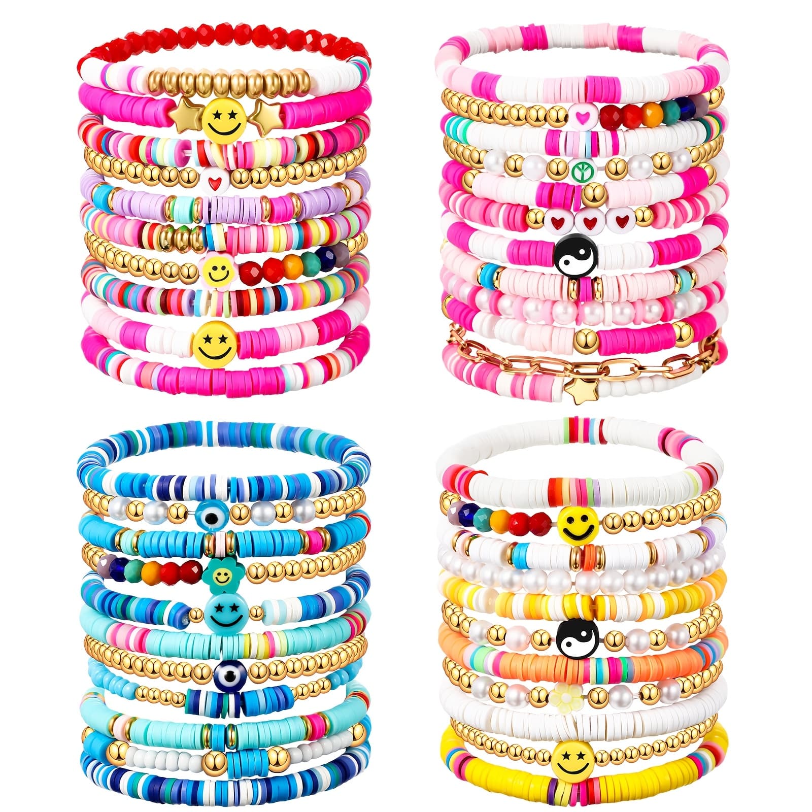 44pcs Heishi Preppy Bead Bracelets Colorful Clay Friendship Bracelet Y2K Stretch Beach Golden Bracelets for Women (Cute Style)