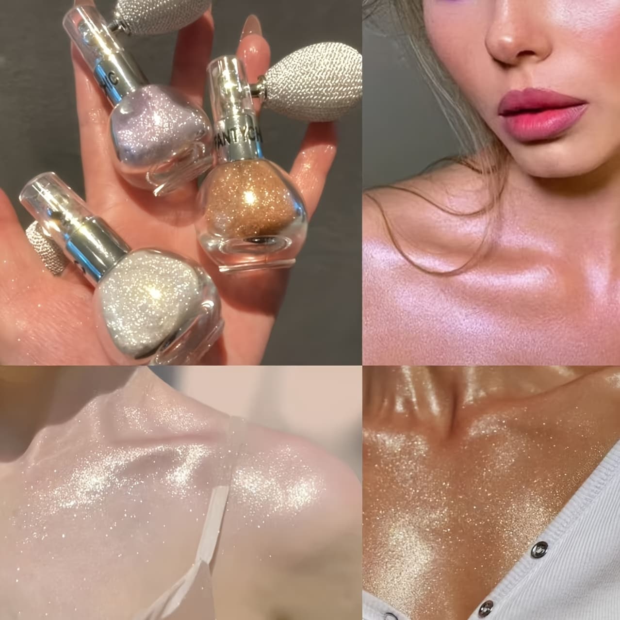 Shimmer Body Highlighter Spray Powder - Pumpkin/Petal Bottle Design, 4 Colors (Pink/Purple/Silvery/Champagne) | Long-Lasting Metallic Glow For Face, Collarbone & Body | Wedding & Party Makeup Essential