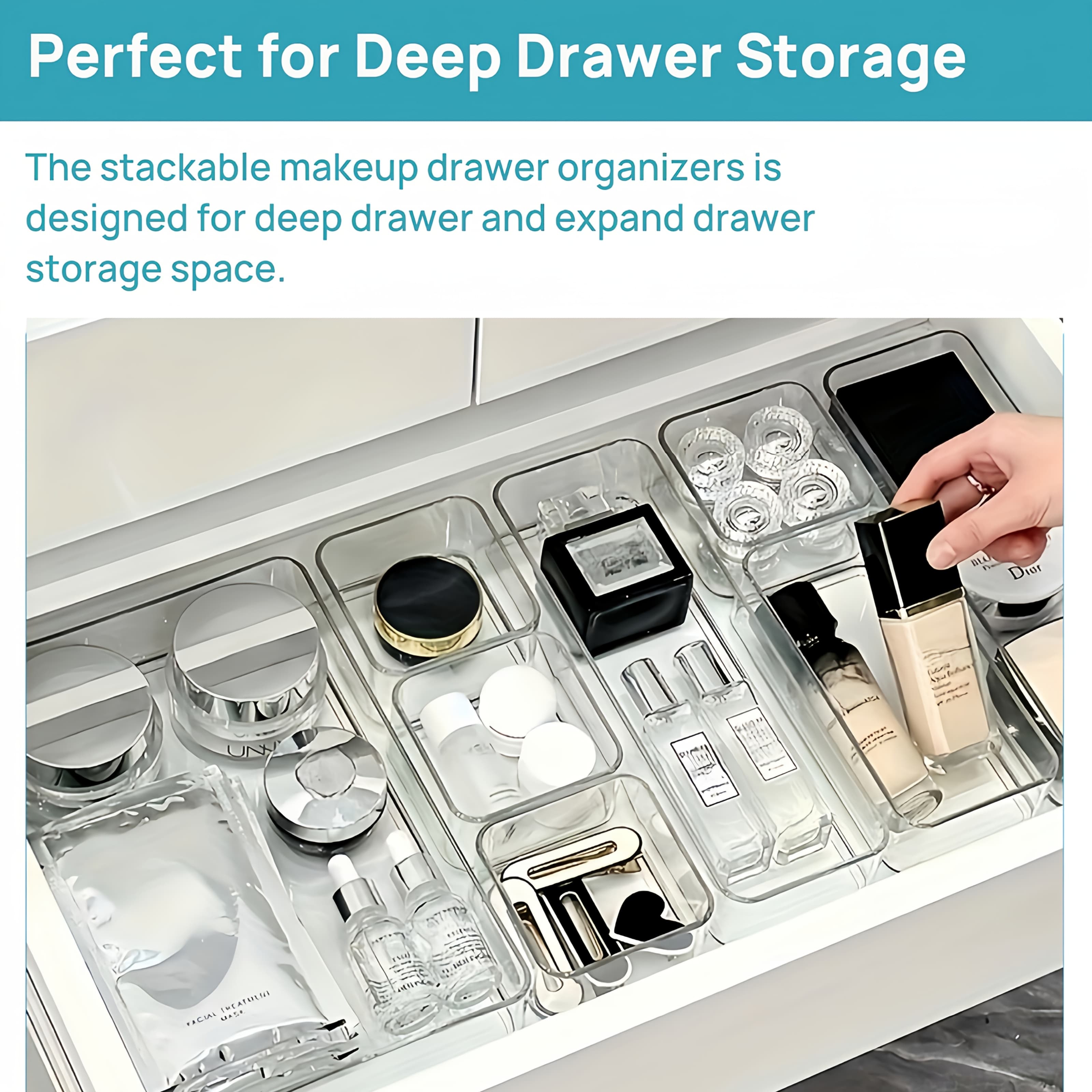 [Acrylic Organizer] 9pcs Transparent Acrylic Drawer and Desktop Organizer Set | Cosmetic Storage Box with Built-in Dividers, Desk Stationery Holder, Desk & Drawer Organizer for Home Storage