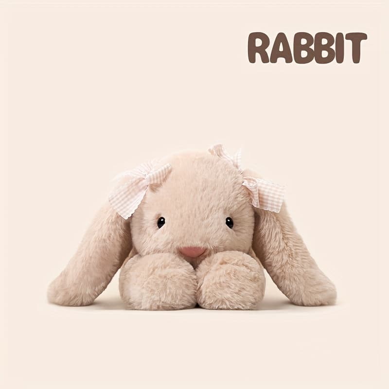 Jimny Series Flat Lying Bunny Plush Toy - Soft Cuddly Rabbit Doll with Elegant Bow, Premium Material, White & Apricot, Perfect Gift for All Ages, Stuffed Animal, Cute Plush Toy, Cozy Home Decor, Charming Design, Highquality Stitching, Durable Stuffed Animal, Home Decor Lovers