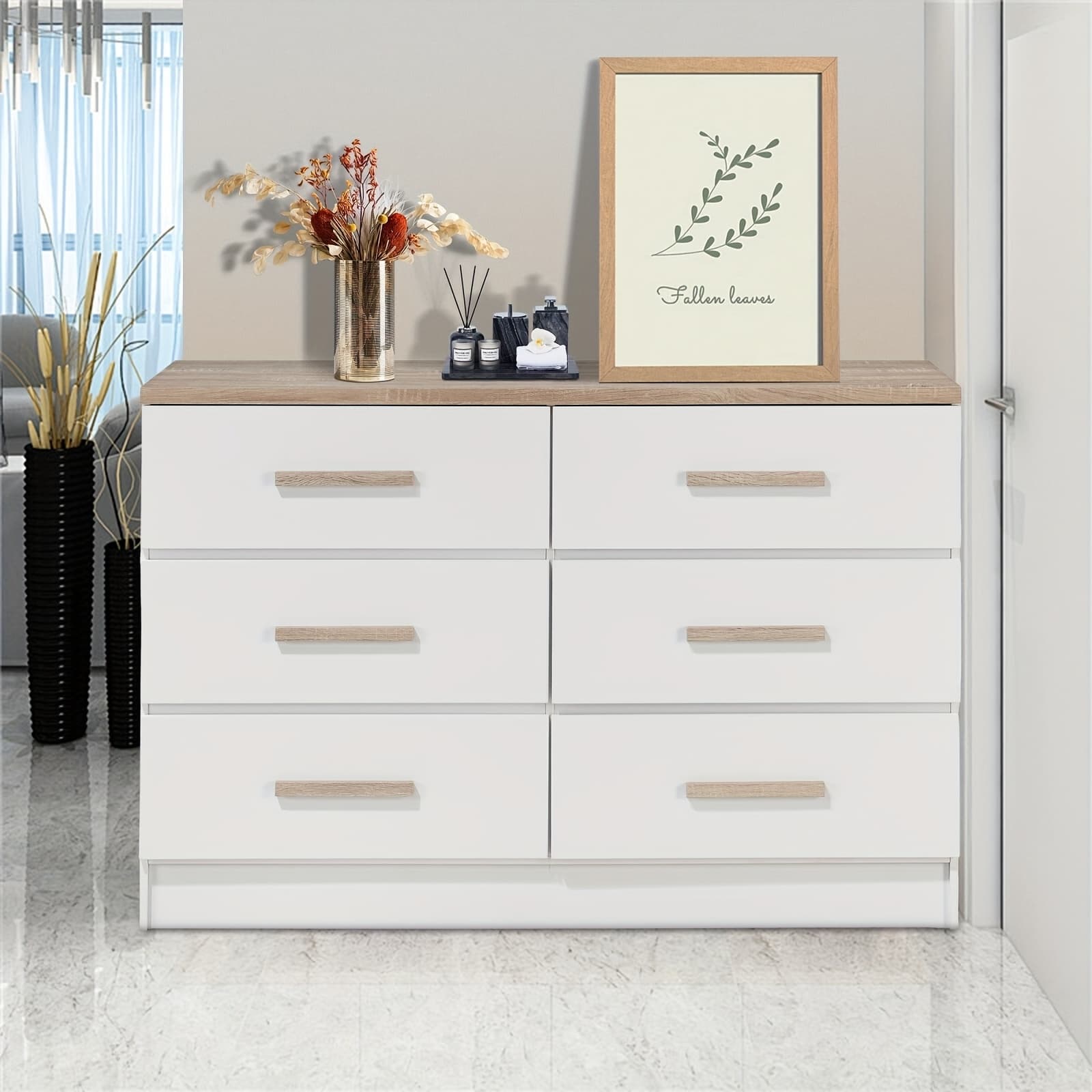 6-Drawer Solid Hardwood Dresser - White & Oak Contemporary Storage Cabinet with Anti-Tip Device, 220lb Capacity, No Assembly Required, 47.2" Wide for Bedroom, Hallway, Living Room, Wooden Dresser, Bedroom Furniture, Minimalist Furniture, Highquality Craftsmanship, Spacious Drawers, Family Households
