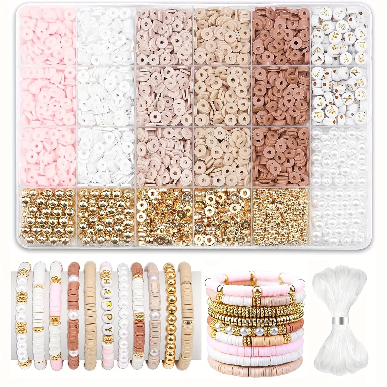 1900+pcs Soft Clay Beads Jewelry Craft Kit - Pink/White/Golden Round, Flat, Letter Beads with Elastic String for DIY Charm Bracelets, Friendship Jewelry, Birthday Gifts (All Skill Levels) - Perfect for Creating Unique and Personalized Jewelry, Jewelry Making Kit|Versatile Craft Kit|Soft Clay Beads, Jewelry Making Supplies