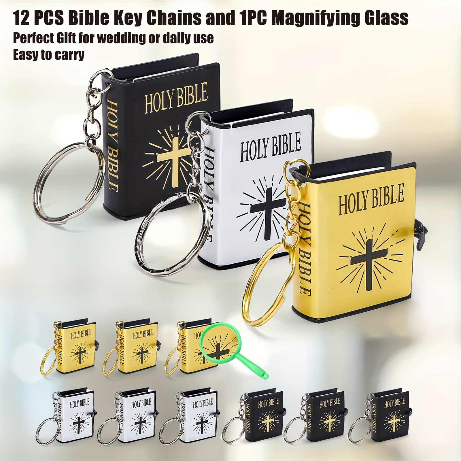 12pcs Bible Keychains, Mini Bibles Miniature, Handbag Pendant With Magnifying Glass, 3 Colors 1.2 X 1.5 Inch, For Wedding, Xmas, Daily Use, Easter Gift, Keyring Packs