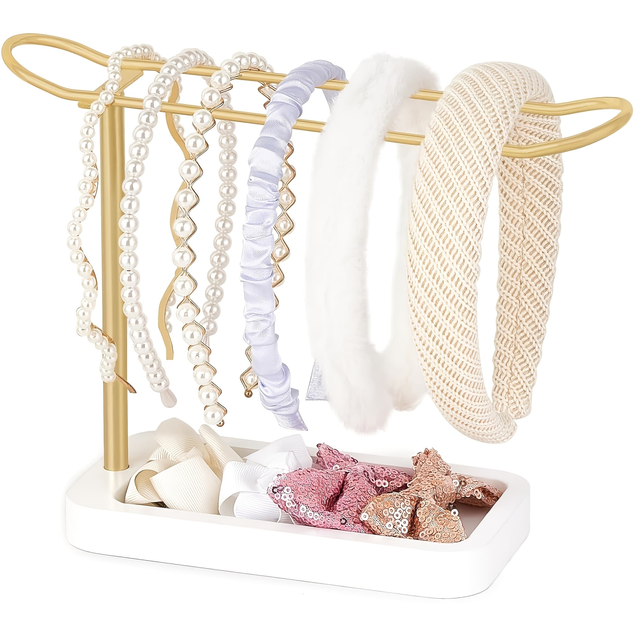 [1 Pack Golden Headband Holder] 1 Pack Elegant Golden Headband Organizer | Rectangular Metal Stand with Pearl & Beaded Design, Ideal for Storing Hair Accessories, Scrunchies, and Bracelets | Perfect for Dorm & Bedroom Decor