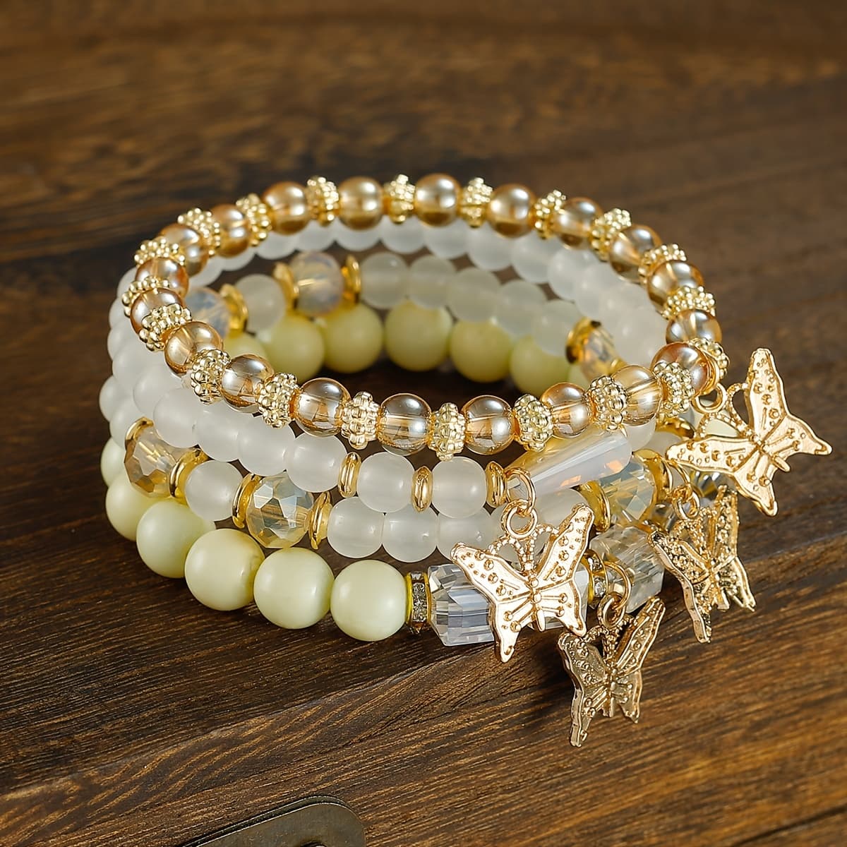 [4pcs Bohemian Bracelet] 4pcs, 16pcs/set Elegant Bohemian Butterfly Sparkle Multi-layered Beaded Fashion Bracelet | Elastic Charm Beaded Bracelet, The Perfect Gift For Stylish Ladies, Suitable For Ladies - Image 1