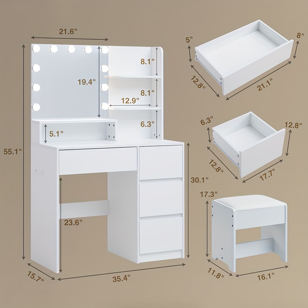 White Contemporary Dresser with Stool - High-Density Fiberboard, 27" Tall, 3 Drawers & Shelves, Plug-Powered Vanity Table for Bedroom, Living Room, or Dressing Room, Dresser for Bedroom, Vanity Desk, Modern Aesthetic, Durable Construction