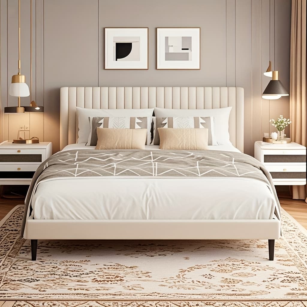 A Robust And Long-Lasting Platform Bed Frame in Full Queen Size, Featuring a Cushioned Headboard Made of Soft Sponge. The Mattress Is Supported by Wooden Slats, Which Means a Box Spring Is Not Required. It Can Be Easily Assembled And Comes in Pink And Beige Colors.