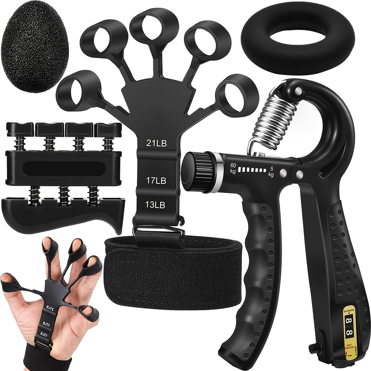 Grip Strength Trainer with Hand Grip Strengthener, Finger Exerciser, Hand Extension Exerciser And Forearm Workout Ring for Muscle Building