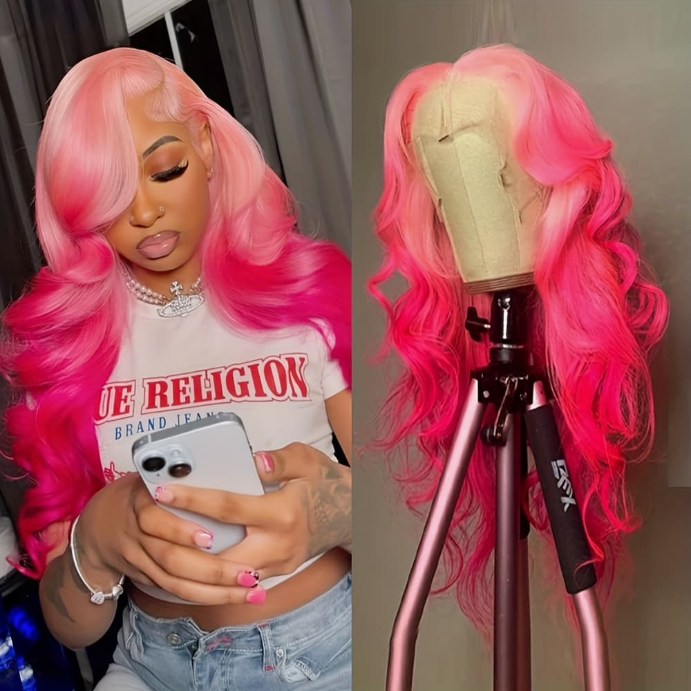 Ombre Pink to Red Body Wave Lace Front Wig for Women - 13x4 Glueless Pre-Plucked Hairline, 180% Density Soft Synthetic Hair, 28 Inch Long Curly Wig for Daily Wear & Special Occasions, Comfortable Fit