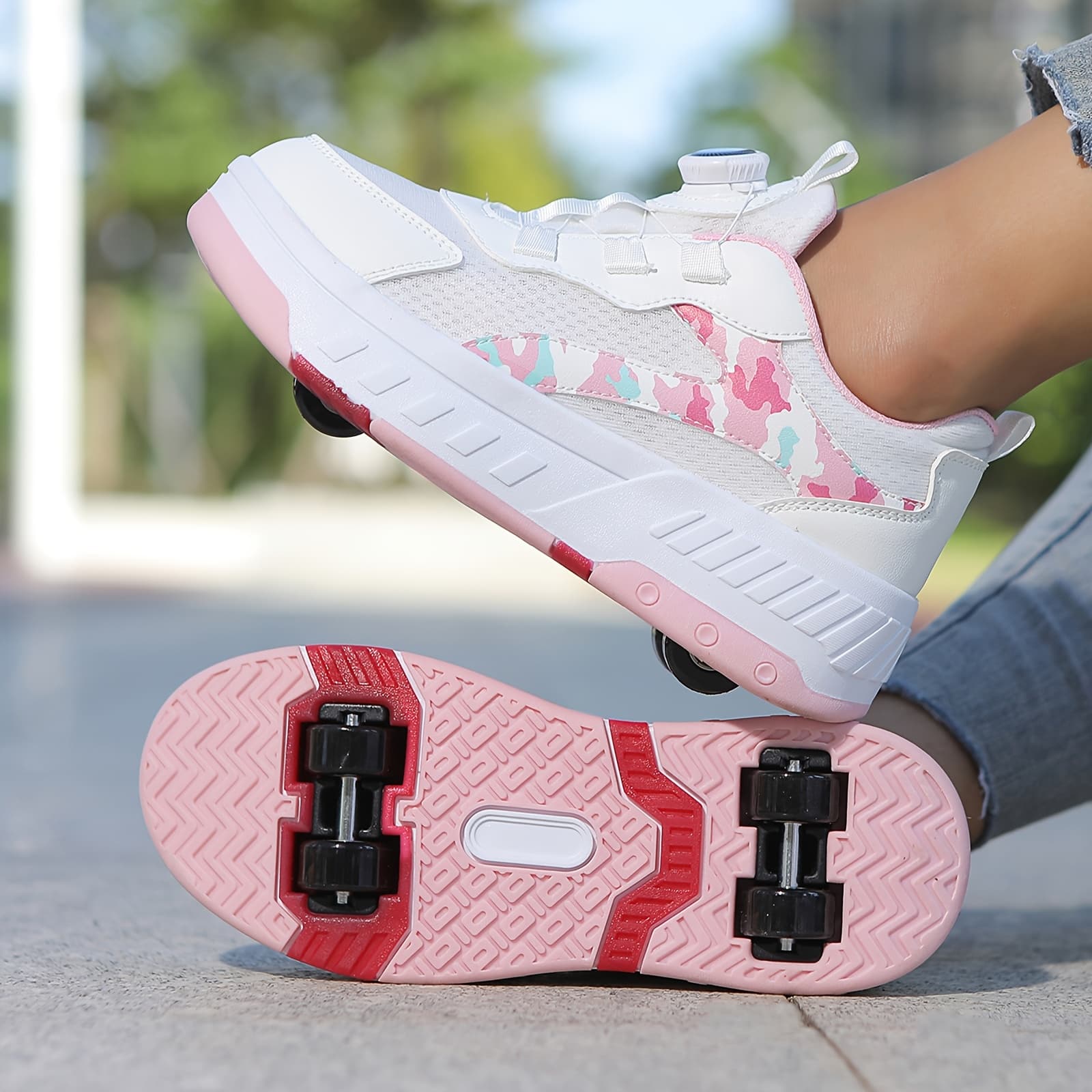 YINGCSM Trendy Youngsters' Four-Wheel Dual-Use Sneakers with Rotating Buckle Closure, Breathable Mesh Skate Shoes for Outdoor Sports & Casual Wear, Lightweight Durable Design, All-Season Comfort, Skateboarding Footwear, Geometric Pattern, Synthetic Cover Upper - Image 1