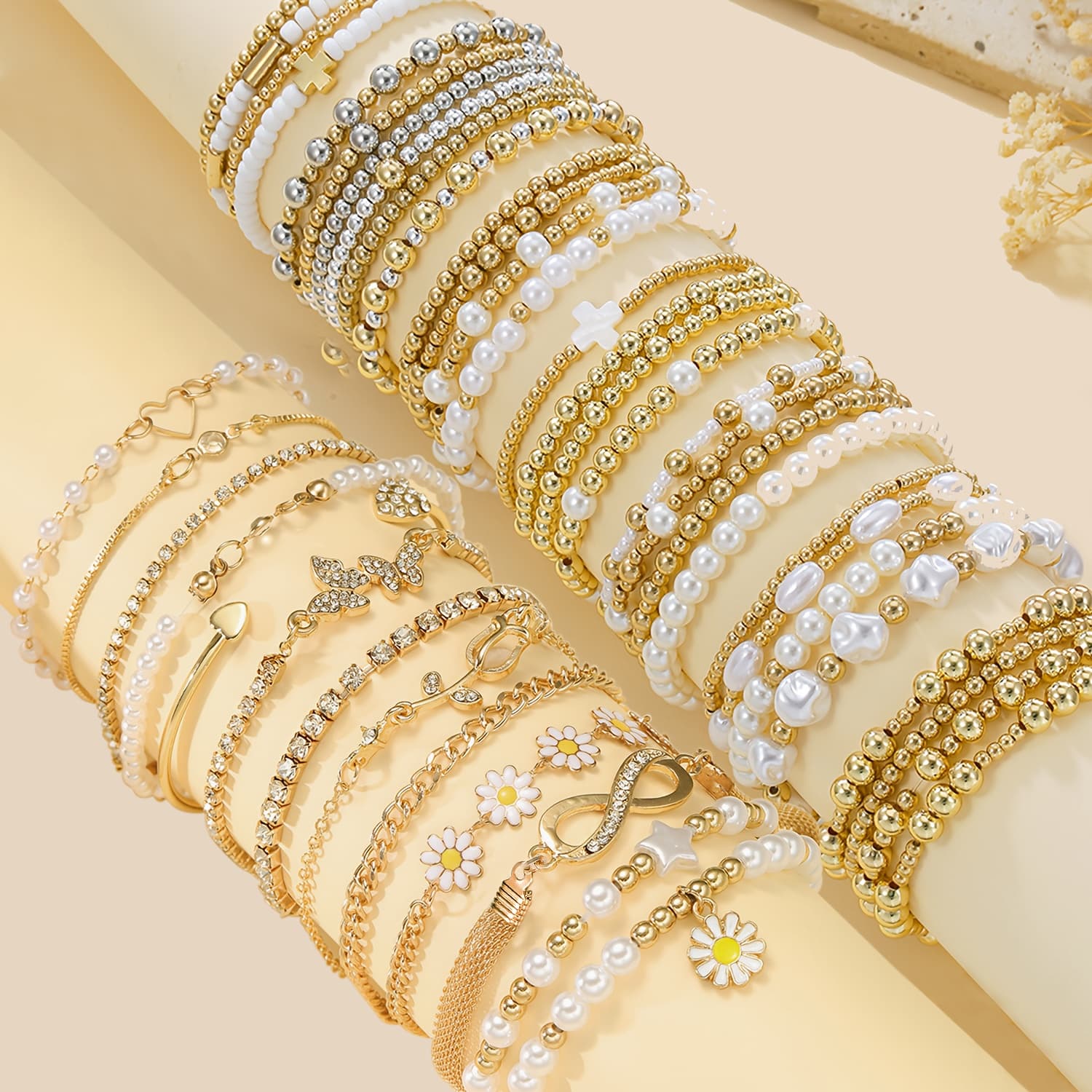 10/20pcs Elegant and Exquisite Style Faux Imitation Pearl Daisy Infinity Symbol Heart Cross Women'S Fashion Gift Daily Bracelet Set