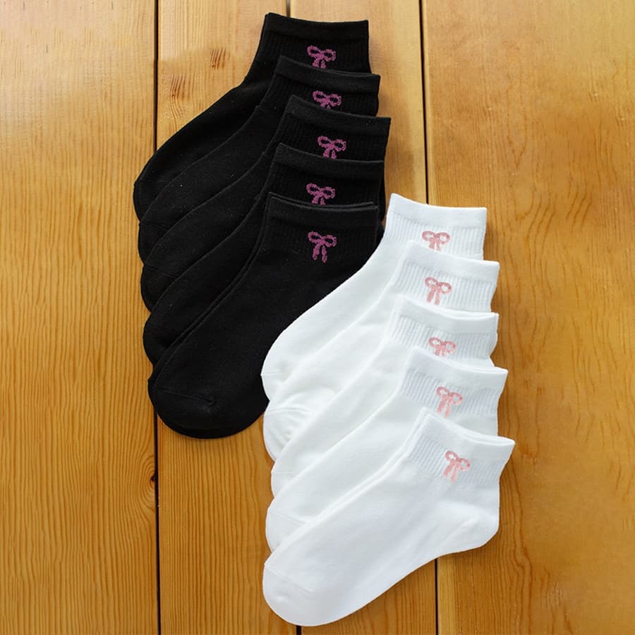 10 Pairs Women'S Cute Bowknot Ankle Socks - Black & White, Invisible, Versatile for Daily Wear, Holidays, and Outdoor Activities, Hand Wash or Dry Clean, Cute Socks, Short Style, Elegant Style, Solid Color, Polyester Lining, Polyes
