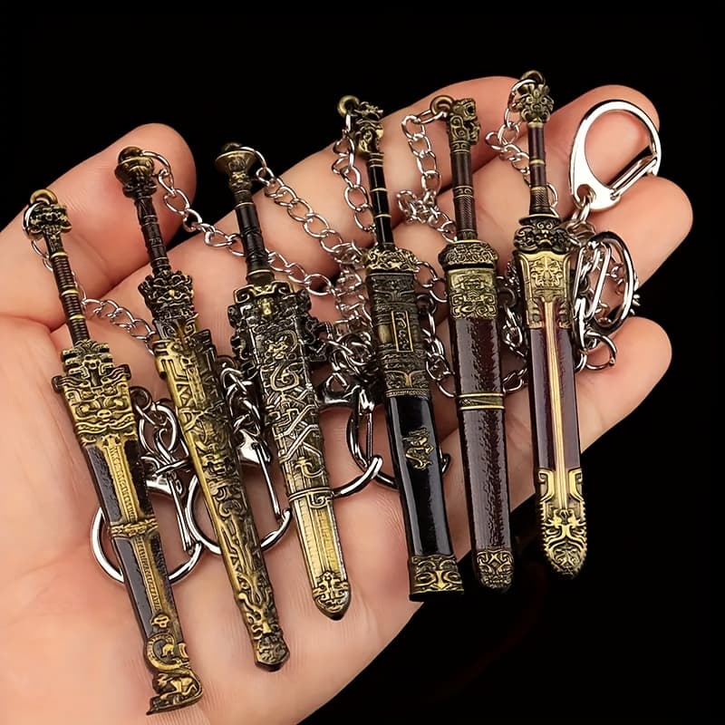 Six Piece Set Pocket Sword Keychain Various Designs for Outdoor Enthusiasts And Collectors.