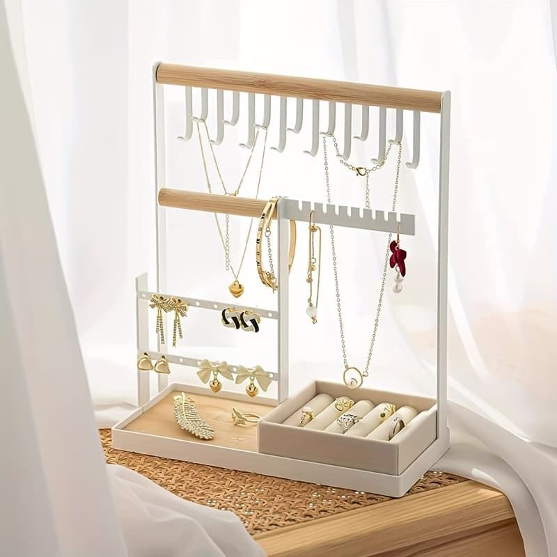 [Metal Jewelry Organizer] Durable Metal Jewelry Organizer with Multiple Hooks & Drawers | Rectangular Desktop Storage Shelf for Necklaces, Earrings, Bracelets, Rings | Entryway, Dressing Table, Bedroom Decor, Jewelry Organizer Storage, Decorative Item Display, Sleek Design, Quality Craftsmanship, Jewelry Towers
