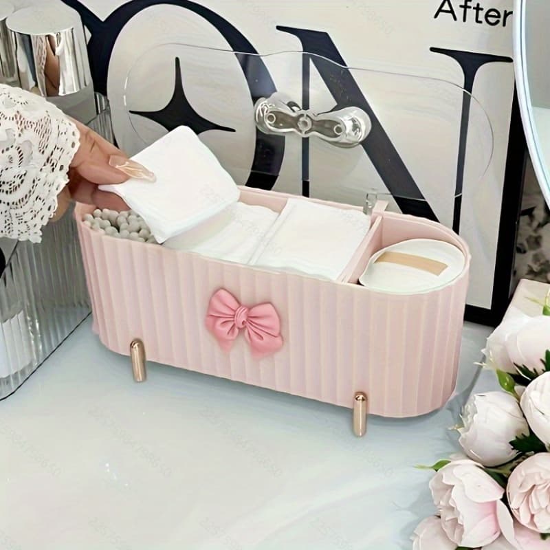1pc 3-Grid Cosmetic Storage Box, Cute Pink Bow Storage Box, Large Capacity Transparent Makeup Beauty Egg Storage Box with Lid, Suitable for Bathroom, Dressing Table, Swab And Sponge Decoration, Birthday Gift