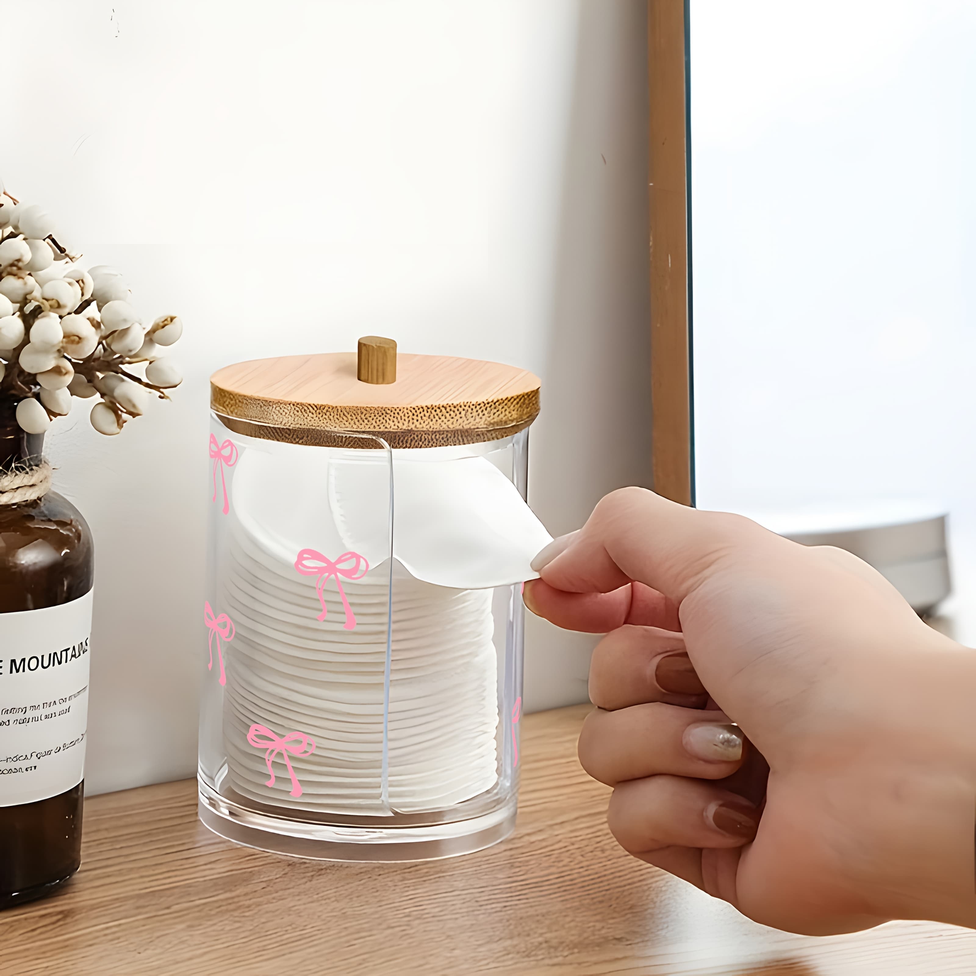 1pc Cute Bow Print Makeup Pad Storage Box, Acrylic Transparent Toothbrush and Floss Organizer, Cosmetic Container Suitable for Home, Office, Desktop, Canisters