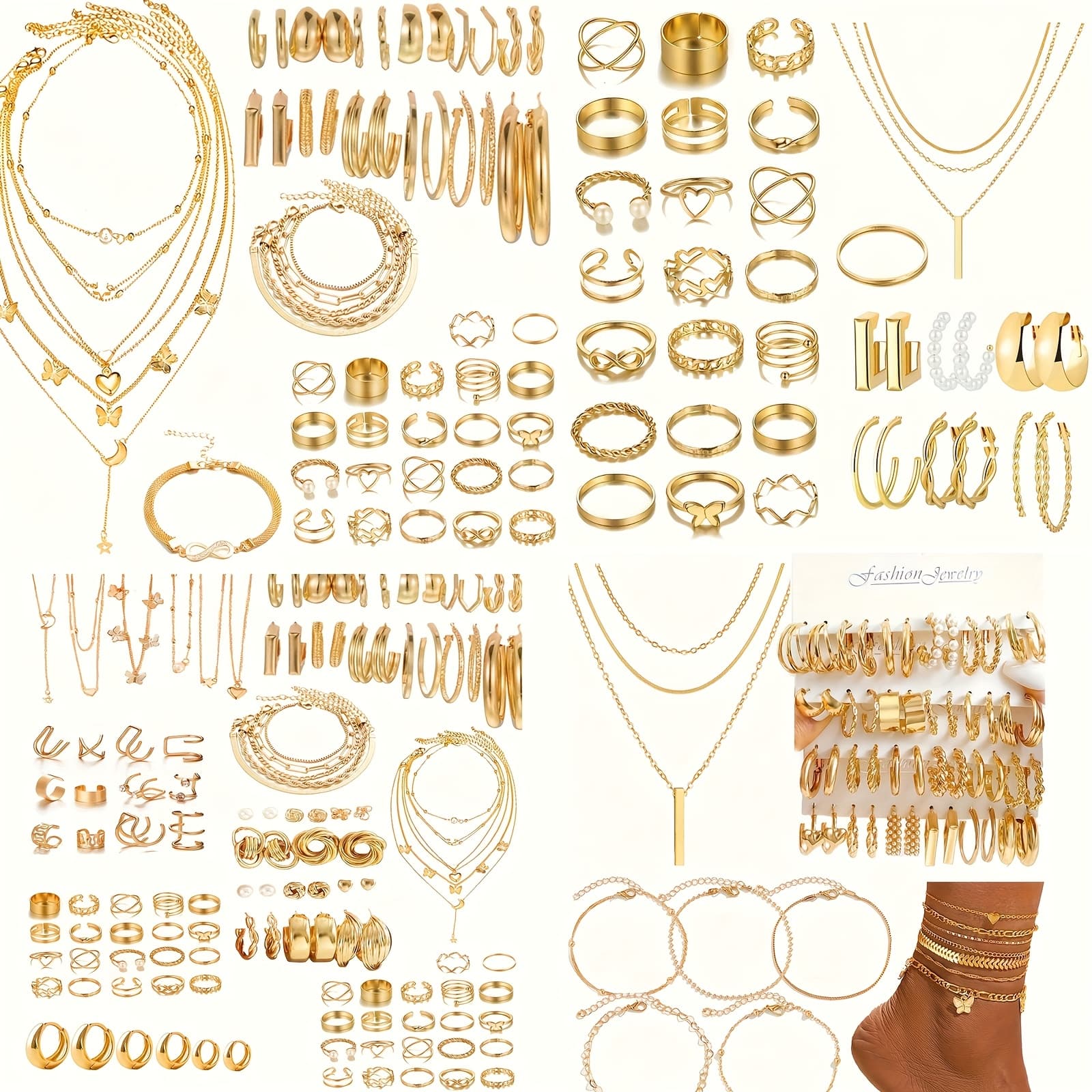 35/59/61/68pcs Summer Simple Jewelry Set-Metal Geometric Inlaid Imitation Pearl Heart Butterfly Star Moon Pendant Necklace Bracelet Anklet Ring Earrings Earrings-suitable For Women'S Seaside Beach Vacation Dating Party With Holiday Gift