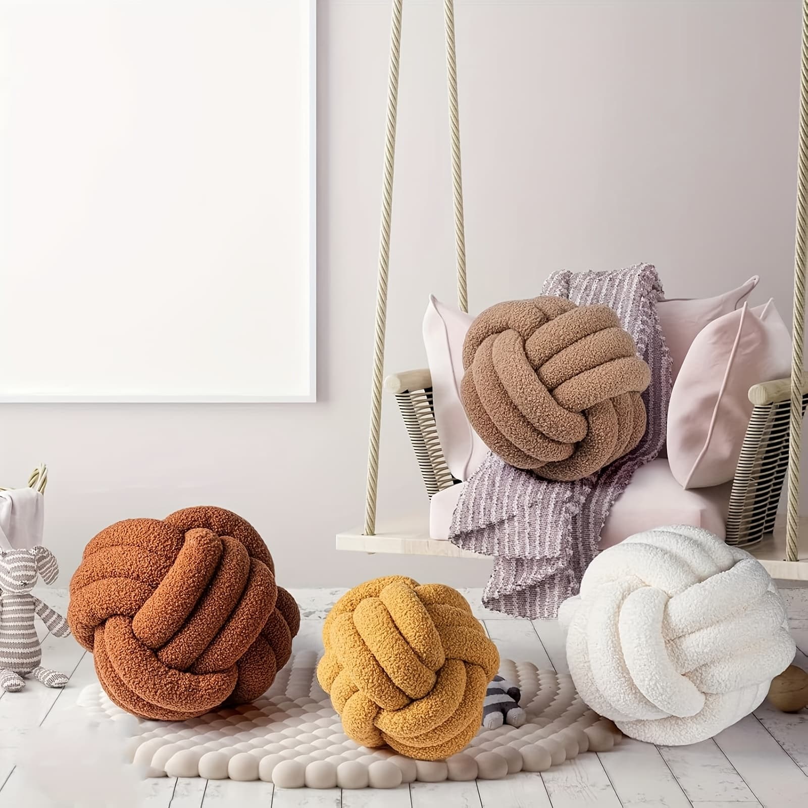 [AKKUN Plush Pillow] AKKUN Soft Plush Handmade Knotted Boucle Pillow Ball | Round Throw Pillow with Intricate Knot Design, White Home Decor Cushion for Living Room, Bedroom & Nursery, Quality Craftsmanship, Premium Fabric