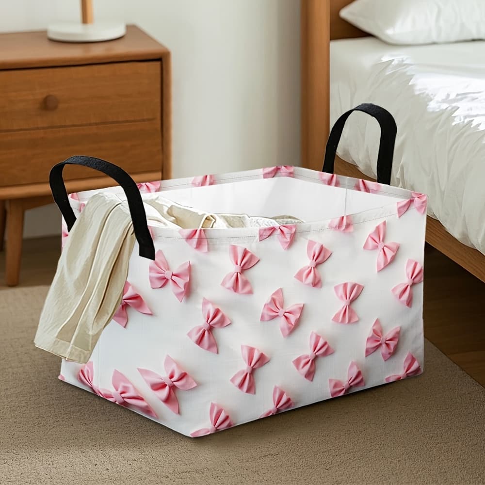 1pc Pink Bow Storage Basket - Foldable Collapsible Hamper with Handles, Durable Polyester Fabric, Contemporary Design for Bedroom & Bathroom Organization, Decorative Home Storage Solution, Bathroom Storage Basket, Playful Design, Functional Design, Quality Construction